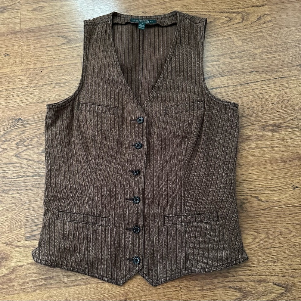 LRL Ralph Lauren Brown Pinstripe Button-Up Vest size 6 front pockets classic